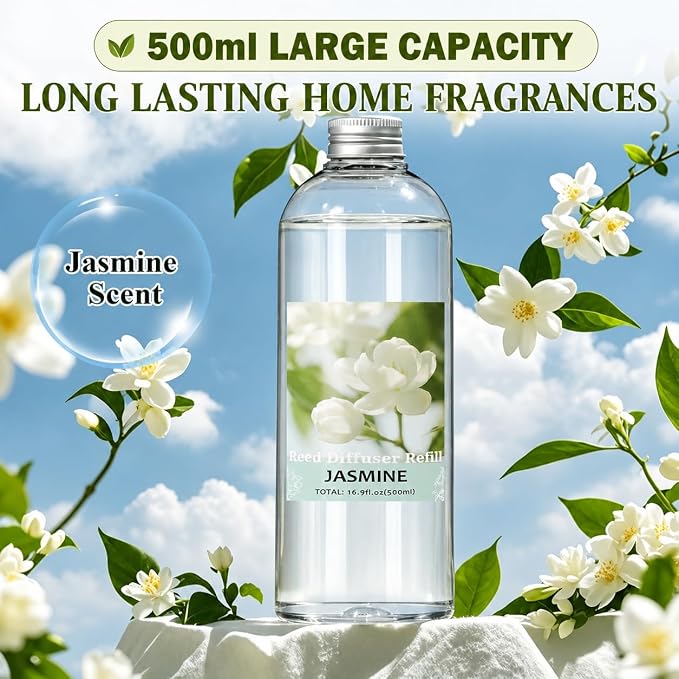 SCENTORINI Reed Diffuser Oil Refill, Jasmine Diffuser Oil 16.9 Fl Oz, Scented Essential Oil Refill Long Lasting Summer Home Fragrance for Large Space Room Spa Bathroom Home Hotel Decor