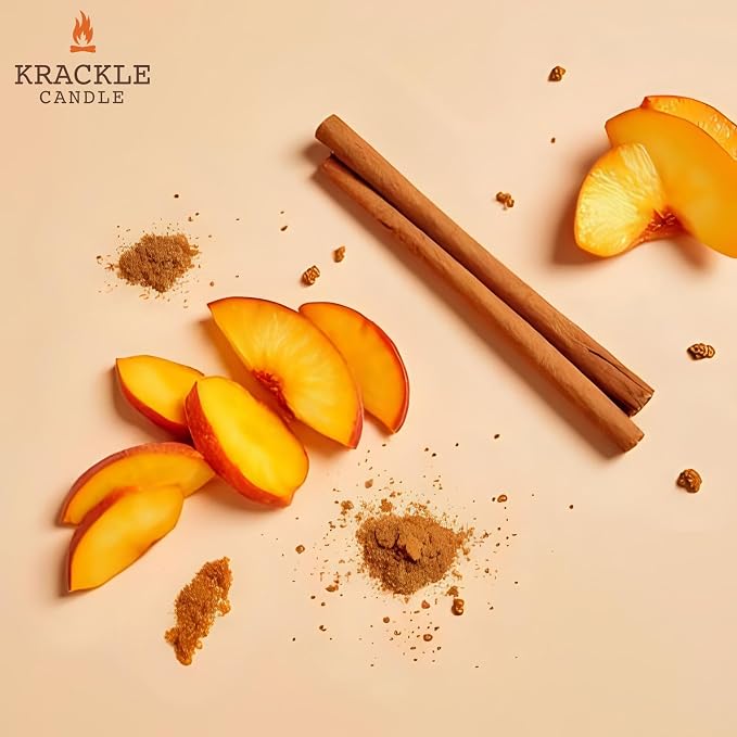 Krackle Candle | Peachy Keen | 16 oz Scented Candle with Natural Crackling Wooden Wick | Poured in the USA | Peach, Brown Sugar & Cinnamon Fragrance