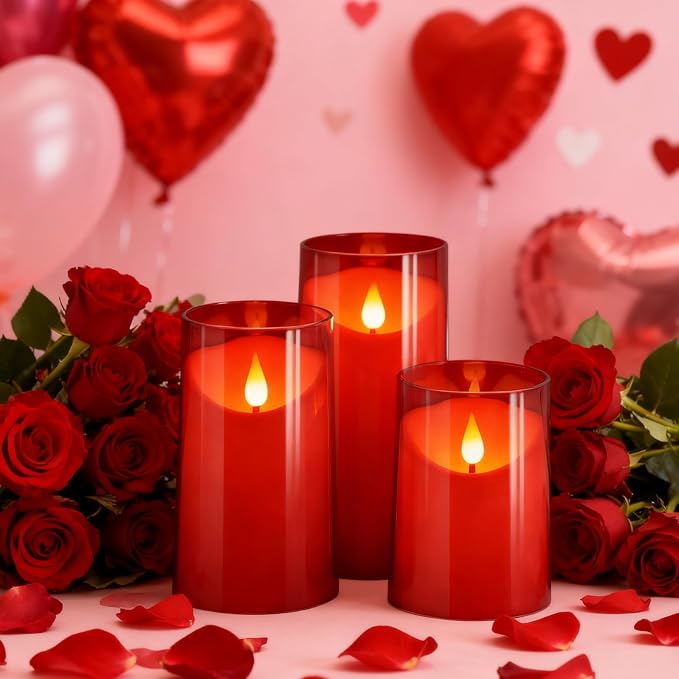 NURADA Flameless Candles with Remote Timer: 3D Wick Battery Operated Led Pillar Fake Candle Set for Wedding Birthday Valentine's Day Christmas Decorations - Red 3 Pack