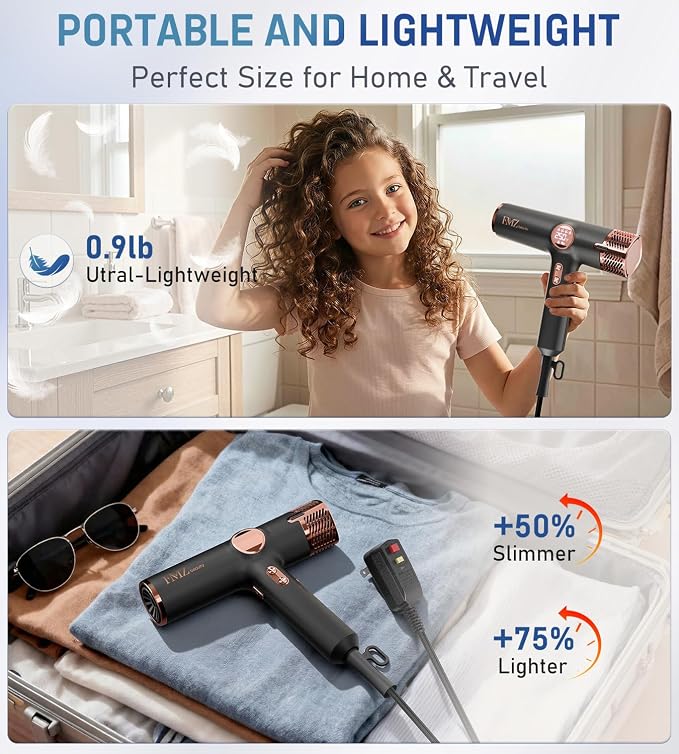 FMZ Professional Ionic Hair Blow Dryer Smart Display with Diffuser, 1875W High Speed Powerful BLDC Motor for Fast Drying, Mini Portable Lightweight Quiet, Curly Hairdryer for Men Women Salon Travel