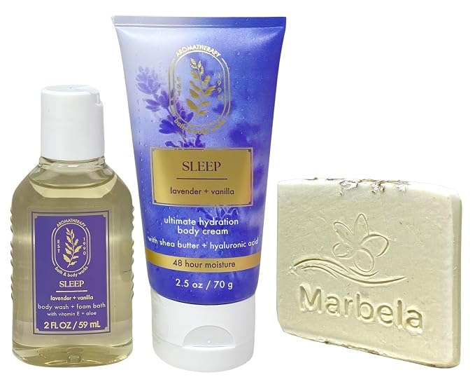 Bath & Body Works Aromatherapy Lavender + Vanilla Sleep - Body Cream - Body Wash + Foam Bath with a Natural Oats Sample Soap - Travel Size