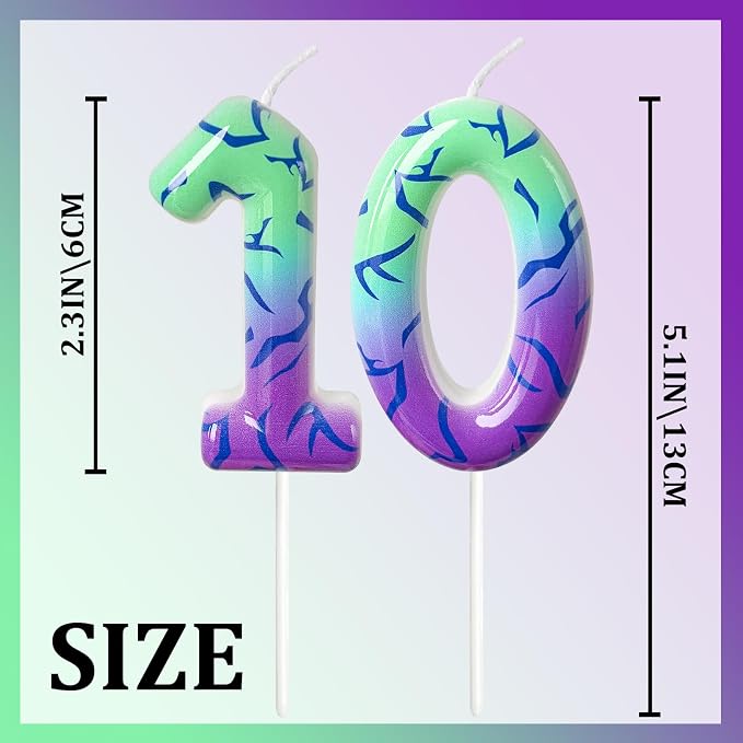 Number 10 Birthday Candle for Cake – Purple Green Gradient Number Candle with Mystic Rune Pattern, Decorative Cake Topper for Anniversary & Celebration