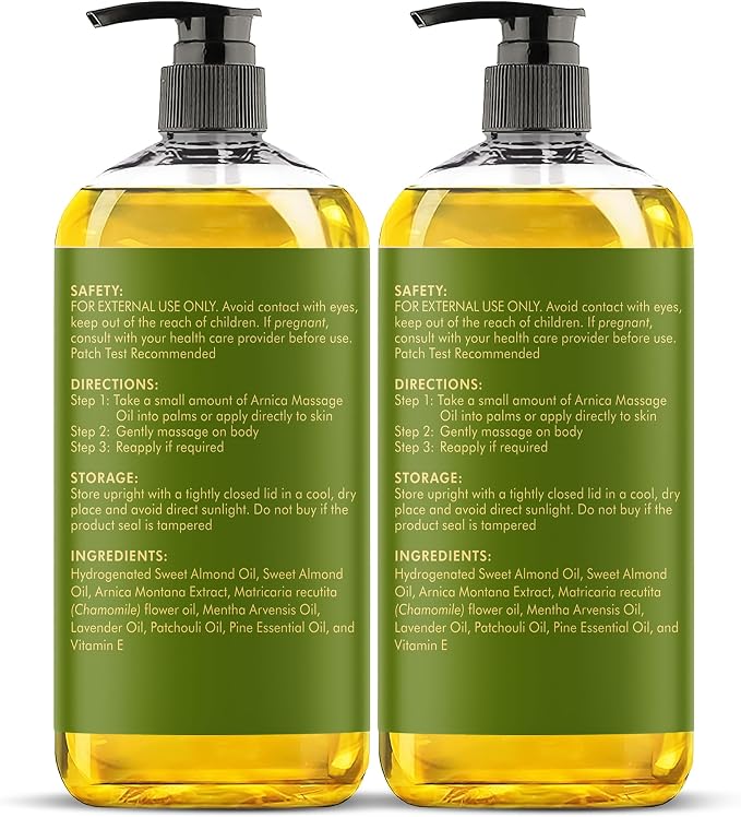 MAJESTIC PURE Arnica Sore Muscle Massage Oil for Massage Therapy-Refreshing & Relaxing-Natural Oils Lavender & Chamomile Essential Oils-All Skin Types- Men & Women Massage Lotion- 8 fl oz (Pack of 2)