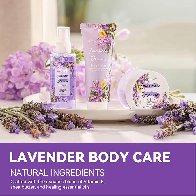 BODY & EARTH Body Mist Gift Set - Spa Gifts for Women, Perfume, Body Lotion, and Body Scrub in a Lavender Dreams Box- Perfect Birthday Gifts for Moms, and Special Occasions,Unique Gift Ideas for Her
