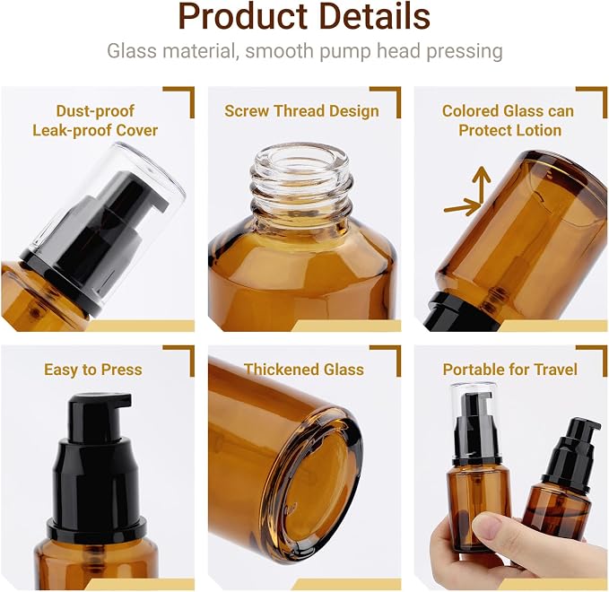 Segbeauty 1oz Refillable Lotion Bottle with Pump, Pack of 5 Frosted Travel Glass Bottles Creams Lotion Containers Foundation Bottle for Travel Size, 30ml Makeup Pump Dispenser for Toiletries Amber