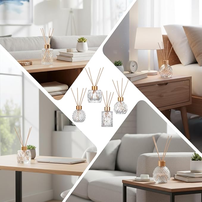 4 Piece Reed Diffuser Set, 3.5-4.2oz Empty Bottles and 20 Reed Sticks, Unique Design for Home and Office