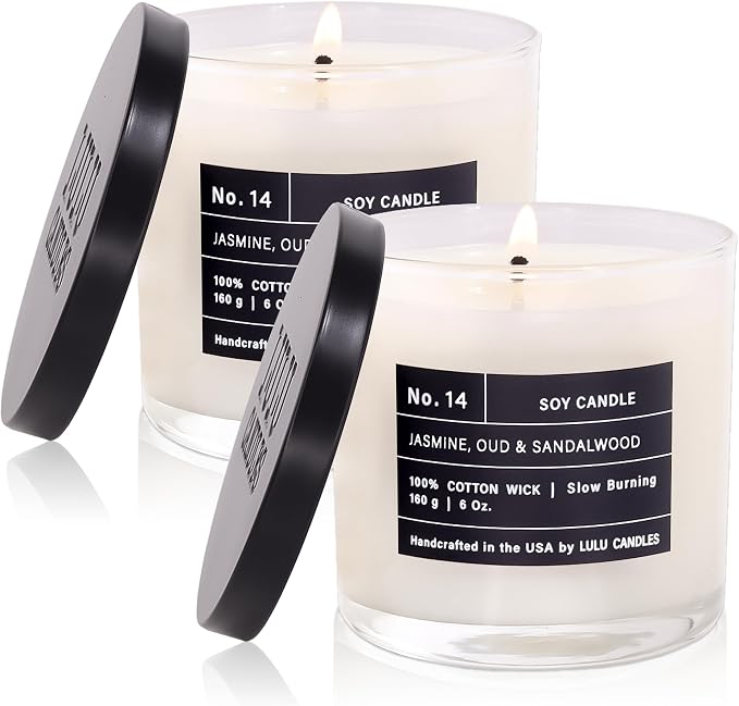Lulu Candles | Jasmine, Oud & Sandalwood |Luxury Scented Soy Jar Candle | Hand Poured in The USA | Highly Scented & Long Lasting (6 Oz. 2 Pack)