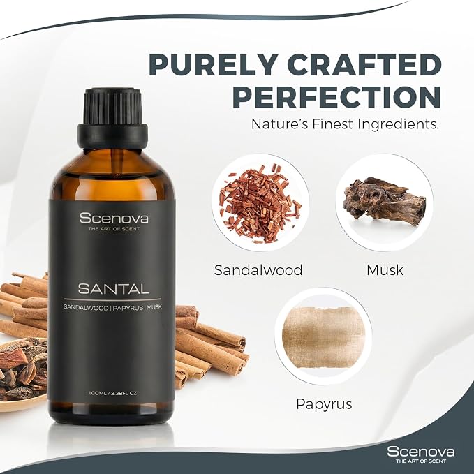 Santal Diffuser Oil, Sandalwood, Papyrus, Cardamom, Max Concentration, 100ml 3.4 Fl Oz. Aromatherapy, IFRA Certified. Non GMO, Child and Pet Safe.
