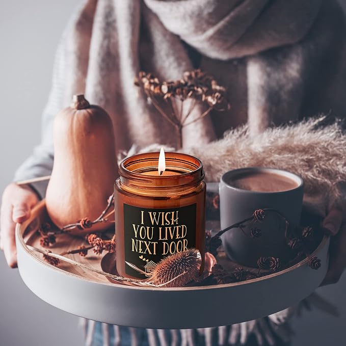 Gifts for Women Men - I Wish You Lived Next Door Candle for Her Best Friend Coworker Sister - Cute Birthday Friendship House Warming Gift - Sandalwood Amber Scented Candle for Relaxation