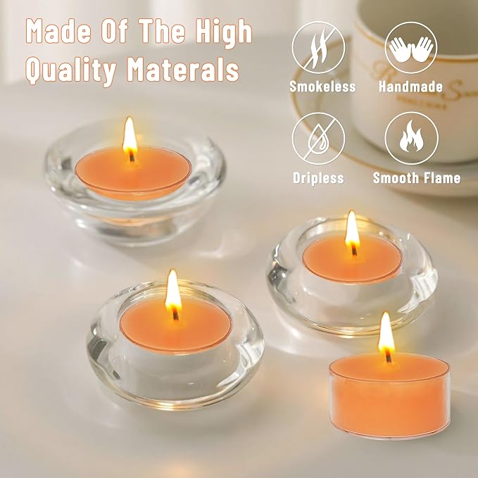 Orange Scented Tea Lights - Handmade Small Round Candles in Transparent Cups, Clean Burning Smokeless 4-Hour Burn, Perfect for Fall Decor, Thanksgiving & Cozy Evenings