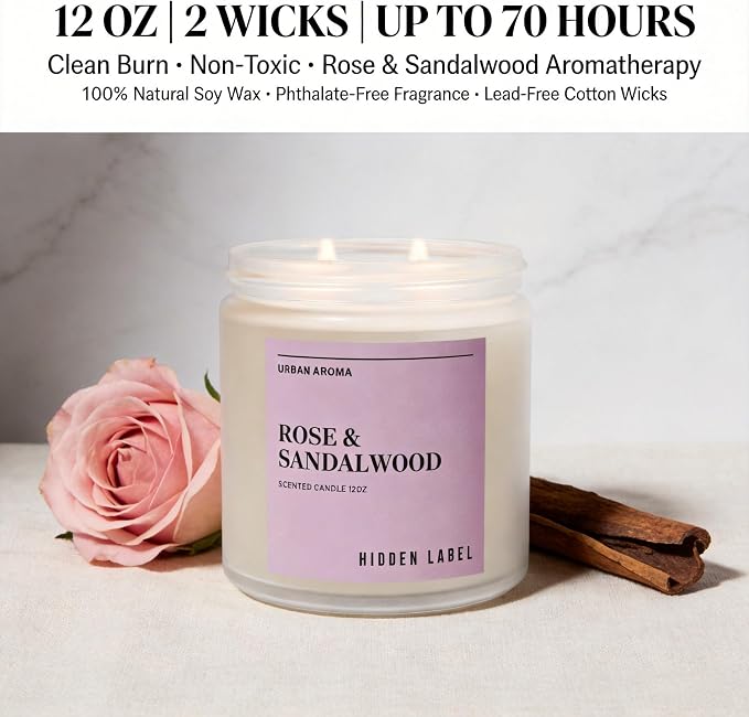 Hidden Label Rose Sandalwood Soy Candle, 12oz 2-Wick, 70H Floral Warmth | Non-Toxic Natural Wax, Paraben & Phthalate-Free, Clean Burn | Elegant Decor & Gift-Ready | Stress Relief & Grounding Calm