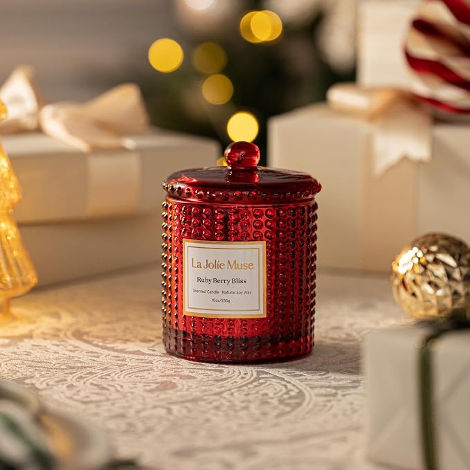 LA JOLIE MUSE Ruby Berry Bliss Scented Candle| Mandarin, Cranberry & Plum | 10 oz Festive Candle | 55 Hours Clean Burn | Gift for Hosts & Gathering | Elegant Home Decor