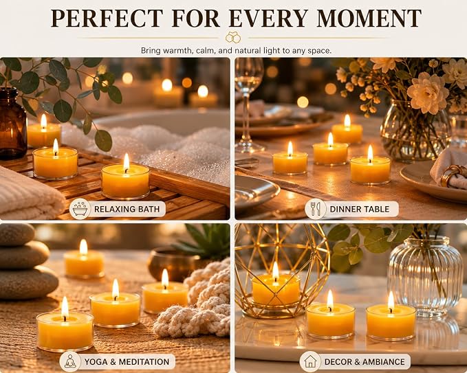 Beeswax Tea Candles 16 Pack, Non Toxic Bees Wax Tealight Candle for Home, 4 Hour Burn Time Natural Tea Light Bulk for Emergency, Organic Yellow Candle for Relaxing, Meditation