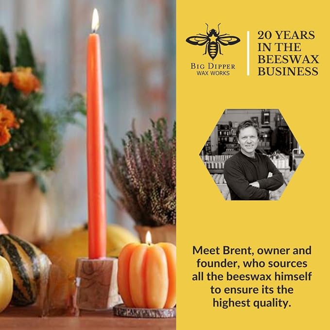 Big Dipper Wax Works Pumpkin Hand-Dipped Beeswax Taper Candles – 12” x 7/8”, 2-Pack, 100% Pure Beeswax, Long Burning, Clean, Cotton Wick, Handmade in USA, Home Décor & Wedding Candles