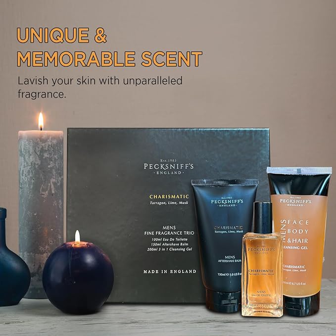 Pecksniff's Fragrance Gift Sets Luxurious, Handcrafted in England (Men's Charismatic Trio: Eau de Toilette, Aftershave Balm, Cleansing Gel Set)