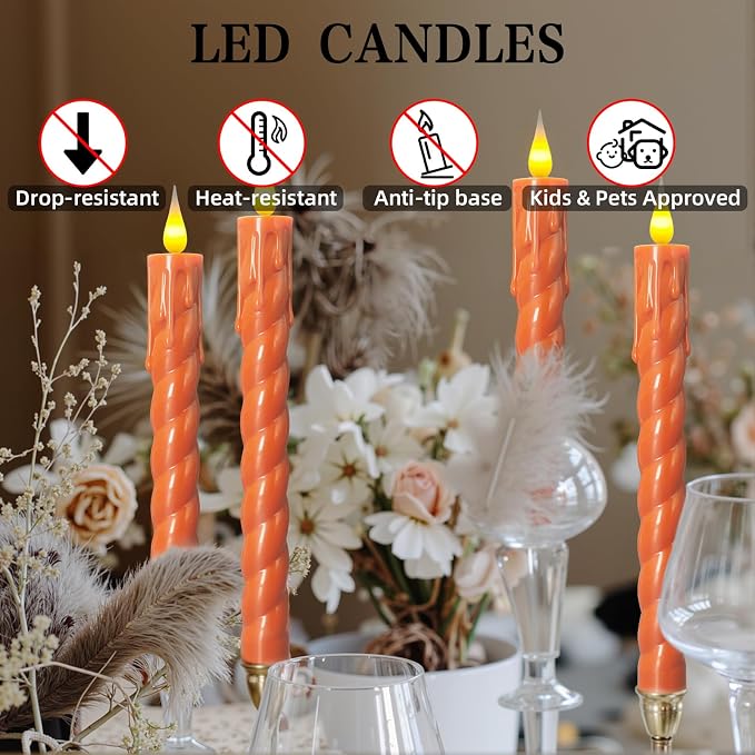 Flameless Taper Candles Flickering with Remote,Timer, Dimmer,9.7 Inch Orange 6 Pack Candle Sticks,Realistic Wax Drip,Battery Operated Candlesticks for Christmas Wedding Halloween Home Decor