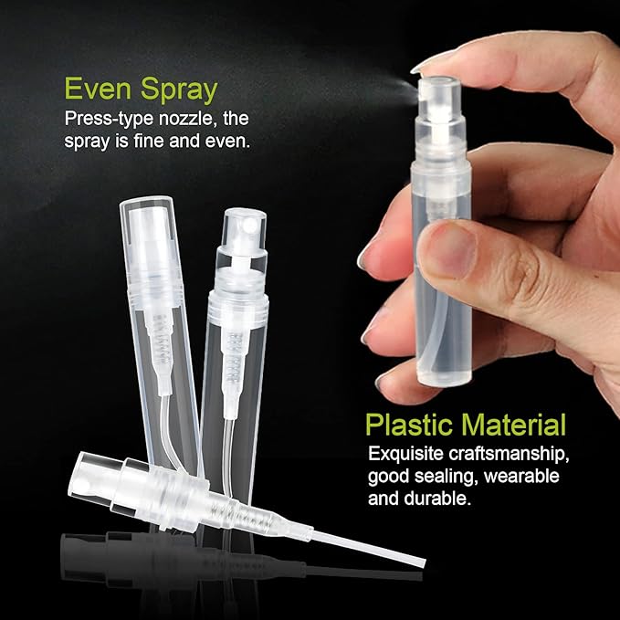 Fandamei 60 Pack 3ml Mini Spray Bottle, Clear Plastic Empty Cute Perfume Atomizer Bottle for Cleaning, Travel, Essential Oils, Perfume.