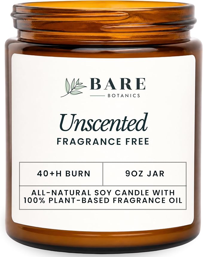 Bare Botanics Non-Toxic Unscented 9oz Soy Candle - 100% Plant-Based Fragrance Oils - Handpoured in WI - 40+ Hrs