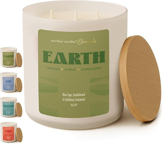 Large 14.5oz 3 Wick Zodiac Earth Taurus Virgo Capricorn Zodiac Gifts for Women - 60 Hour Burn - Astrology Gifts for Women, Healing Manifestation Spiritual Candles, Intention Meditation Candle