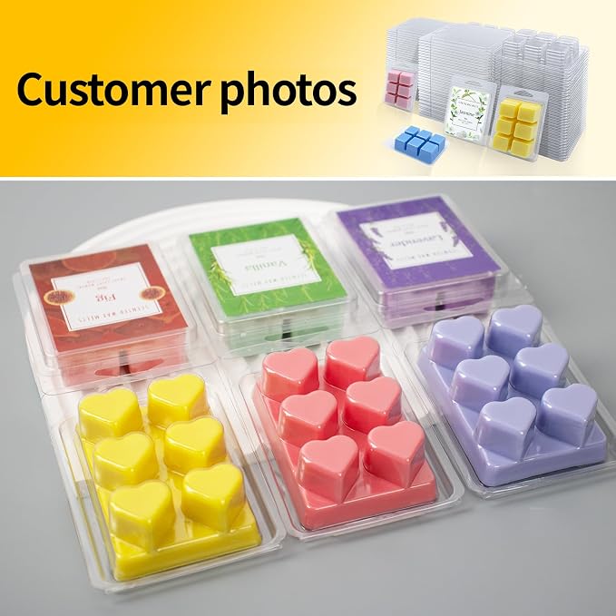 MGLIFEUL Wax Melt Container Clamshell Packaging Mold Box Stand for Plastic Clear Empty Wax Candle Melt Tart Packaging Cube Container Clamshell Mold Holder Organizer Tray Empty Shape Bulk wth Lid