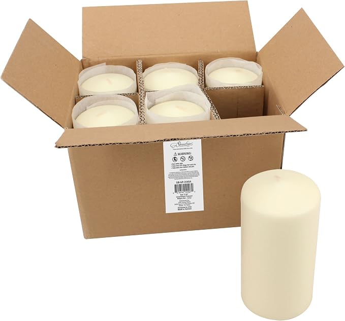 Stonebriar 6, Tall 3 x 6 Inch 65 Hour Long Burning Unscented Ivory Wax Pillar Candles (Pack of 4. 24 Count Total)