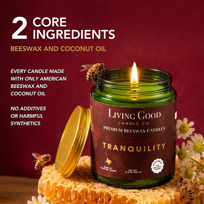 Tranquility – Chamomile & Lavender Essential Oils Beeswax Candle, Non Toxic Scented Candle, Clean Burning Aromatherapy Candle for Relaxation & Sleep, Gift for Busy Moms & Women - 5.5 OZ