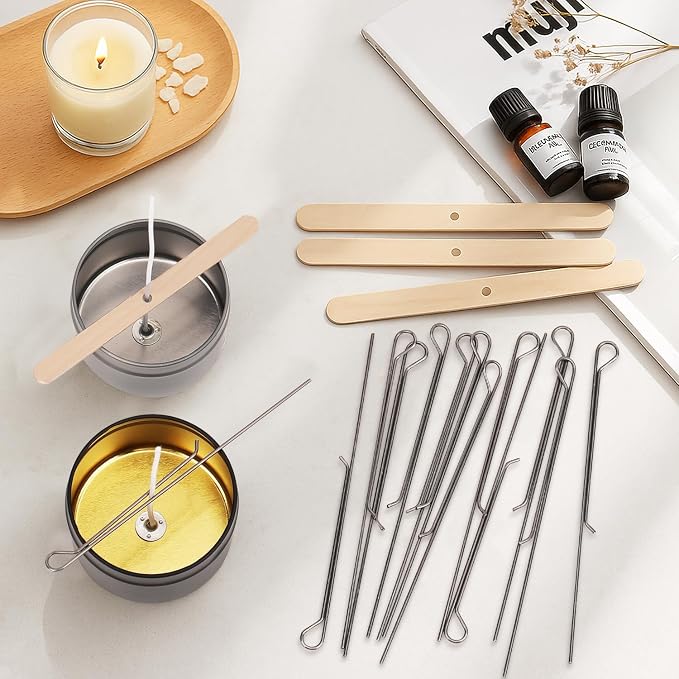 Candle Making Supplies Kit - Natural Cotton & Wooden Wicks with Stickers, Sustainers, Holders for Soy Wax, Beeswax, Coconut Wax DIY Candle Making Supplies (Pack of 6)