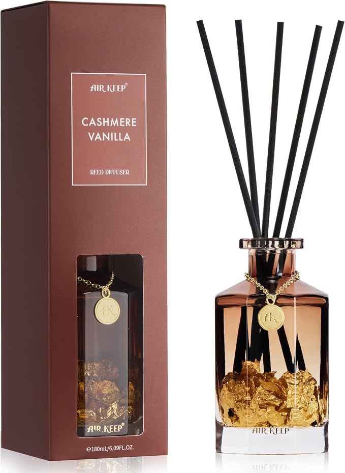 Airkeep Reed Diffuser Set,Cashmere Vanilla Luxury Scented Diffuser with Sticks Long Lasting Home Fragrance for Bathroom Shelf Decor 6.09 fl oz (180ml)