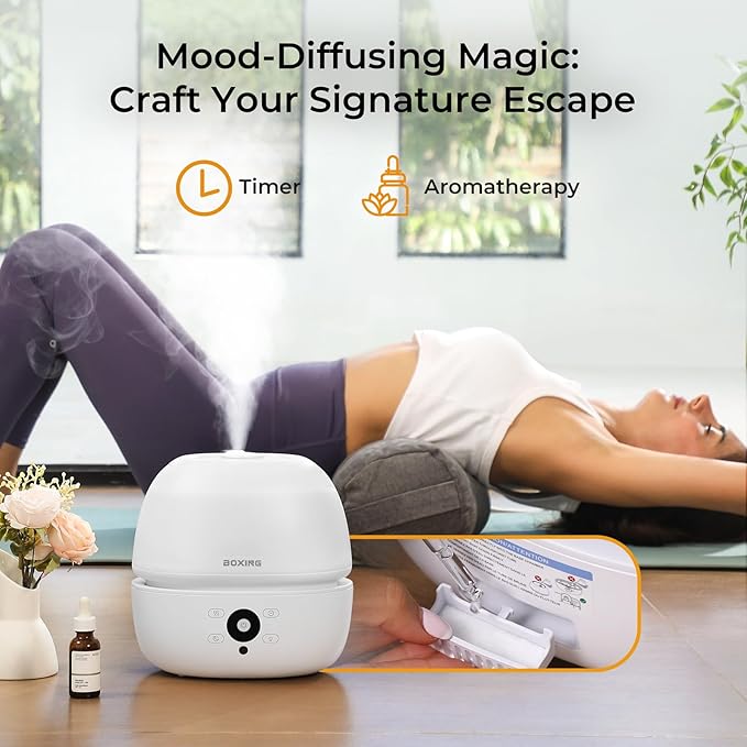 BOXING Top Fill Humidifiers for Bedroom Baby with Easy Remote, 20dB Quiet Cool Mist Air Humidifier for Large Room Home & Indoor Plants, 7 Color Night Light, Essential Oil Tray, Timer, Sleep Mode,3L