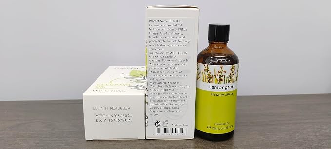 PHATOIL 100ML Lemongrass Essential Oil, 3.38FL.OZ Essential Oils for Diffuser, Humidifier, Aromatherapy, Lemongrass Oil Scented Oils for Soap, Candle Making