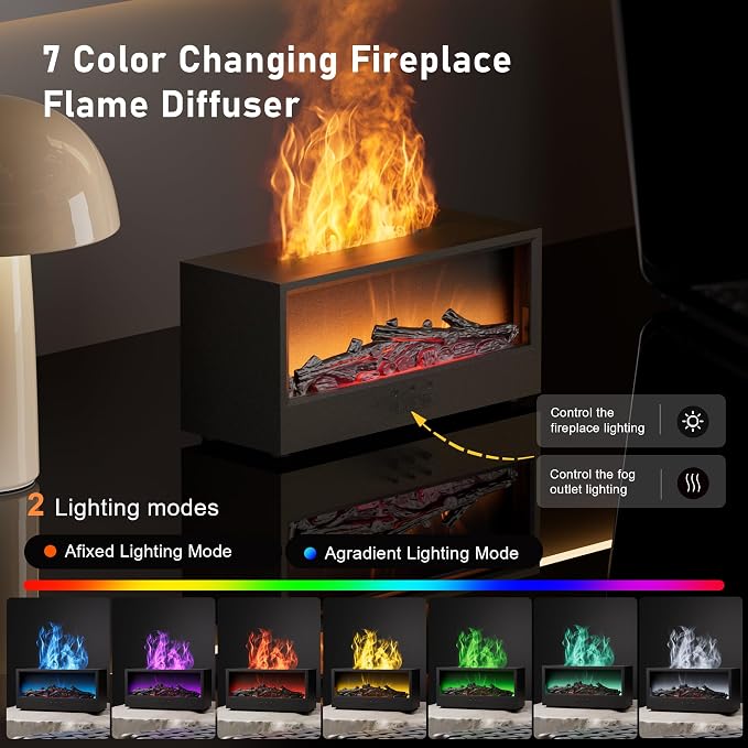 Fireplace Flame Air Diffuser Humidifier,7 Colors Aromatherapy Essential Oil Diffuser, Ultrasonic Aroma Humidifier with Remote Control & Timer