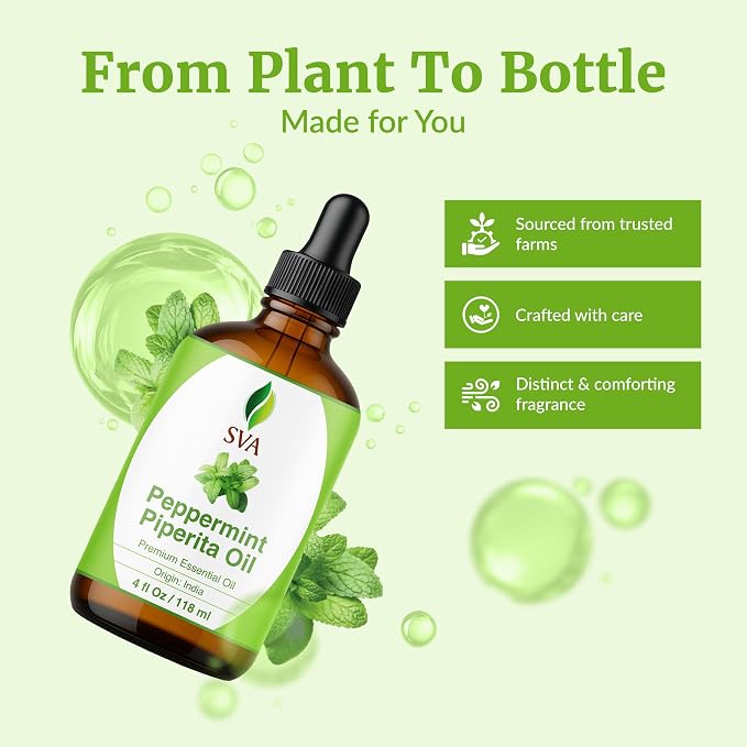 SVA Peppermint Piperita Essential Oil – 4 Fl Oz – 100% Natural Piperita Oil - for Diffuser, Hair Care, Face, Skin Care, Aromatherapy, Scalp and Body Massage, Soap and Candle Making - with Dropper