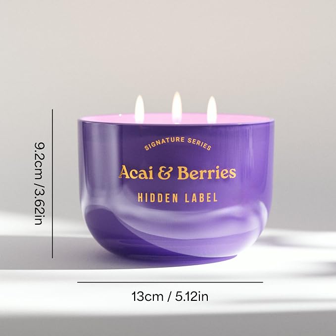 Hidden Label Acai & Berries Scented Candle, 18oz 3 Wick Large Soy Wax Candle, 70 Hour Burn | Non Toxic Aromatherapy Candle for Home, Mood Boost & Energy | Luxury Candle Gift for Women and Men