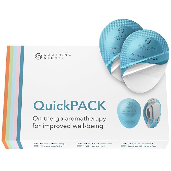 QueaseEASE QuickPACK Nausea Nasal Inhaler Kit, Travel Essentials for Motion Sickness, Pregnancy, Chemo, & Queasy Moments, 4 Portable Essential Oil Pods with Hands-Free Clip