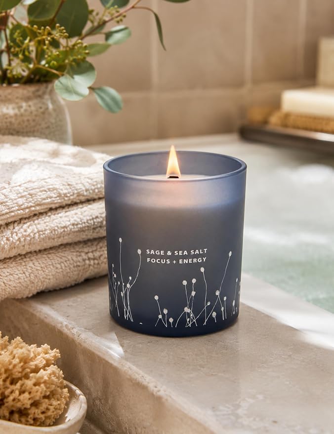 White Sage Sea Salt Wood Wick Soy Scented Candle, 10.6 oz | Sage Candle for Cleansing House | Aromatherapy Energy Cleansing Candle for Home, Meditation, Clean Burning Long Lasting