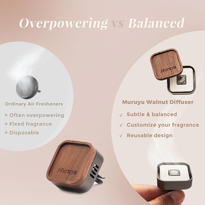 Walnut Wood Car Vent Diffuser, Essential Oil Diffuser for Car, Zinc Alloy with Magnetic Cover, Refillable Non-Electric Air Freshener, Subtle & Controlled Scent
