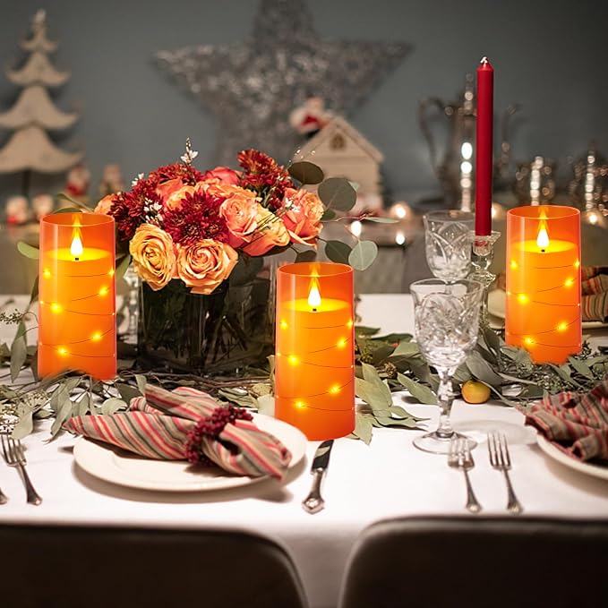 NURADA 3"x6"Flickering Flameless Candles: Built-in Star String Lights 3D Wick Battery Operated LED Pillar Candles with Remote and Timer for Halloween Thanksgiving Dinner Tables Home Fall Decor Orange