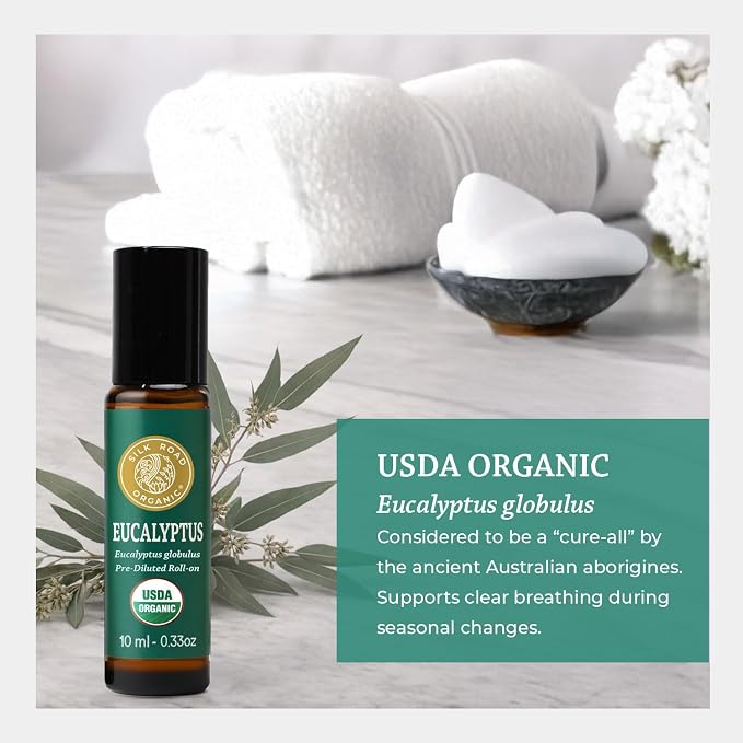 Silk Road Organic Eucalyptus Essential Oil Roll On, USDA Certified - Respiratory Health, Colds, Cough, Sinus & Allergy Congestion - 10 ml Aromatherapy Roller - Always Pure, Always Organic