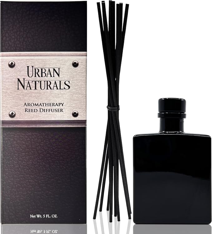 Urban Naturals Crisp Alpine Air Reed Diffuser Set with Eucalyptus, Citrus, Vanilla, Pine & Balsam Notes – 5 Ounce Sleek Black Rectangular Refillable Glass Bottle – Made in the USA