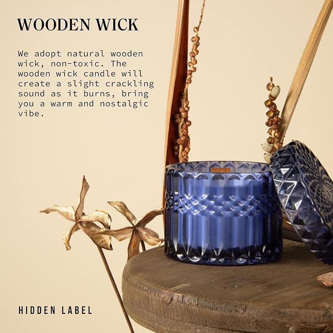 Hidden Label Oud Bloom Scented Candle, 7.4oz Natural Soy Wax, Wood Wick Candles for Home Scented, 55 Hours Clean Burn, Aromatherapy Candle for Relaxation, Elegant Home Decor