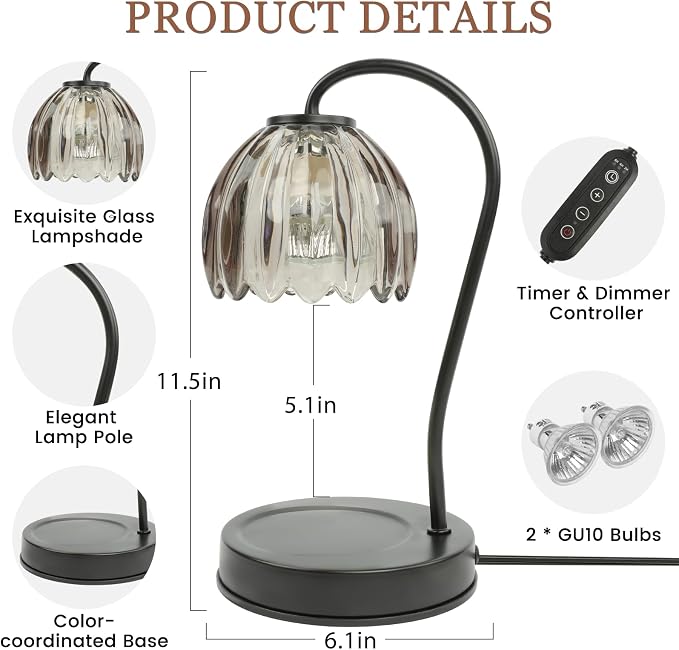 Electric Candle Warmer Lamp with Timer & Dimmer, Gray Tulip Lampshade | For Scented Jar Candle, 2 Bulbs Included, Birthday Gift for Women, House Warming Gifts, Home Office Apartment Decor