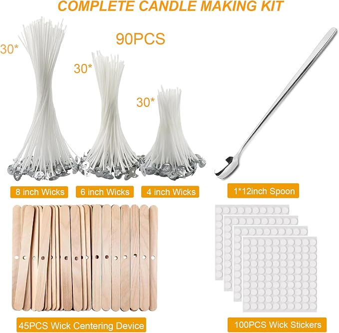 Wax Melting Pot for Candle Making, Candle Making Kit with 90*Wicks, 100*Wick Stickers, 45*Centering Device, 1*Stirring Spoon, Electric Wax Melter with Pouring Spout