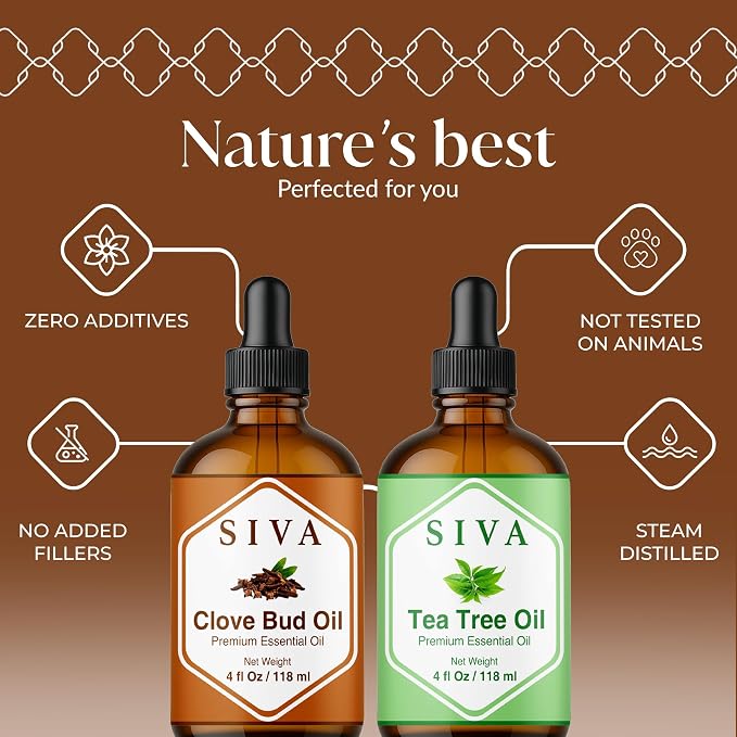 Siva Clove Bud and Tea Tree Essential Oil 4oz Bundle Super Saver Combo – Premium Grade Value Set for Aromatherapy, Skincare and Haircare