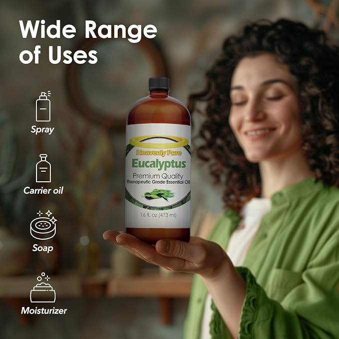 Heavenly Pure - Eucalyptus Essential Oil 16 oz Large Bottle for Spray, Diffuser, Humidifier - 473 ml