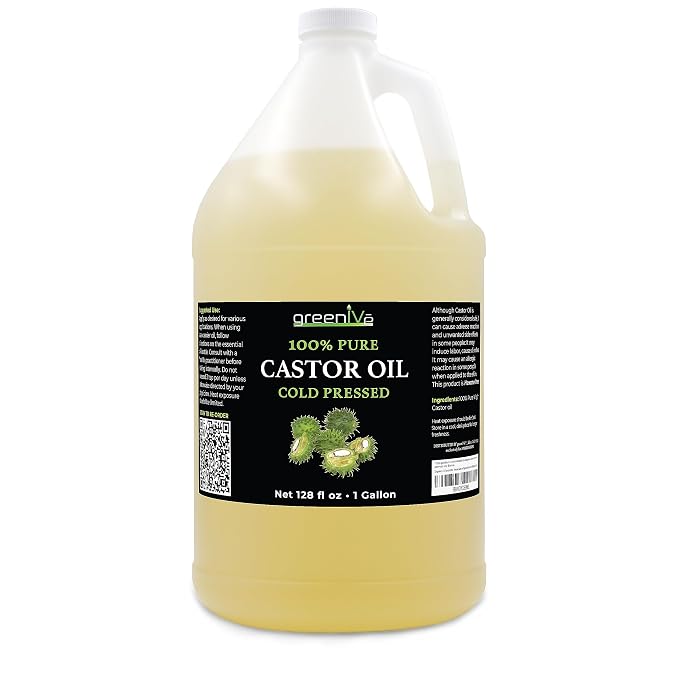 GreenIVe 100% Pure Castor Oil – Cold-Pressed, Hexane-Free – Hair, Eyebrows, Eyelashes, Skin Moisturizer, Castor Pack Wrap Oil Bulk Bottle (1 Gallon) | Cold-Pressed, USP Grade, Hair, Eyebrows, Eyelashes, Skin Moisturizer, Castor Pack Wrap Oil Bulk Bottle