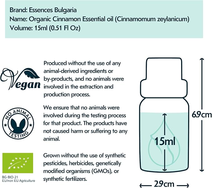 Essences Bulgaria Organic Ceylon Cinnamon Essential Oil 0.51 Fl Oz 15ml Cinnamomum Zeylanicum - 100% Pure and Natural Undiluted Therapeutic Grade Aromatherapy for Diffusers Home Humidifier