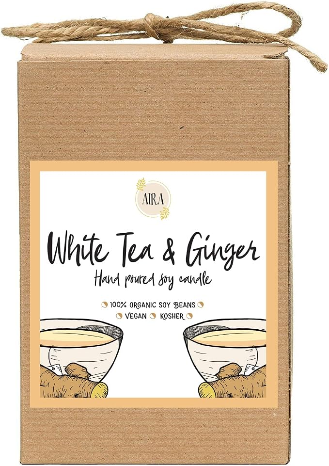 Aira Soy Candles - Organic, Kosher, Vegan, in Mason Jar w/Therapeutic Grade Essential Oil Blends - Hand-Poured 100% Soy Candle Wax - Paraffin Free, Burns 110+ Hours - White Tea & Ginger -16 Ounces