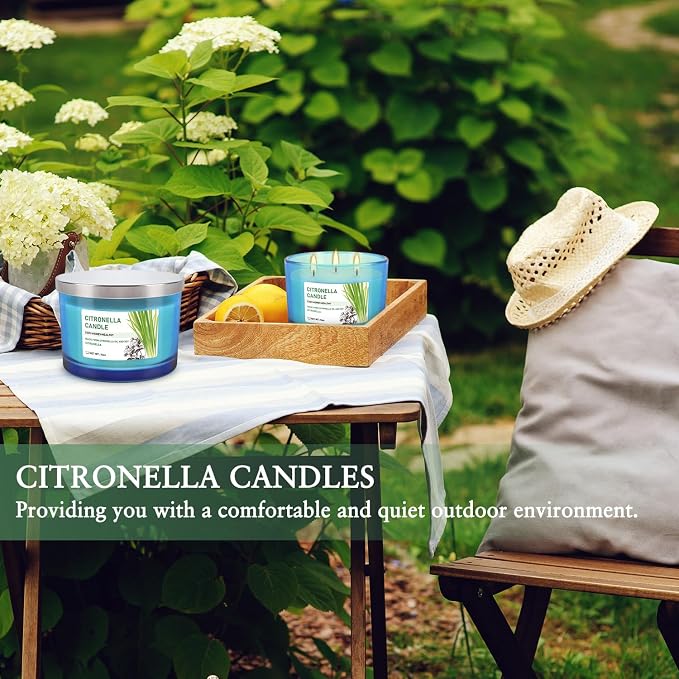 2x14oz Large 3-Wick Outdoor Indoor Citronella Candles, Long Lasting to 30 Hours, Scented Natural Soy Candle for Garden Camping Party Yard Balcony