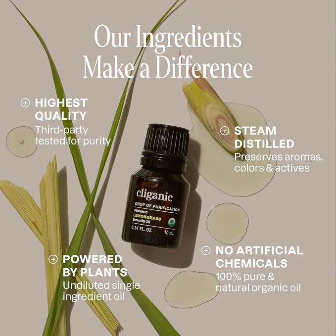 Cliganic Organic Lemongrass Essential Oil, 1oz - 100% Pure Natural Undiluted, for Aromatherapy Diffuser | Non-GMO Verified