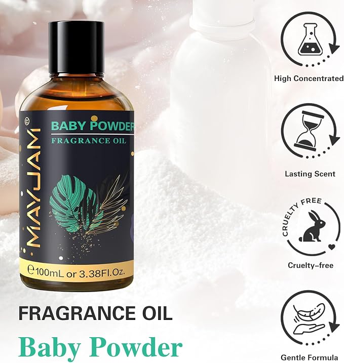 MAYJAM 100ML/3.38FL.OZ Baby Powder Fragrance Oils with Glass Dropper, Essential Oils for Diffusers, Long Lasting Scented Oils for Soap Candle Making
